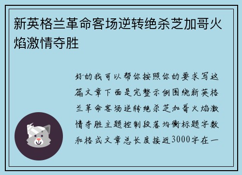 新英格兰革命客场逆转绝杀芝加哥火焰激情夺胜 新英格兰革命客场逆转绝杀芝加哥火焰激情夺胜